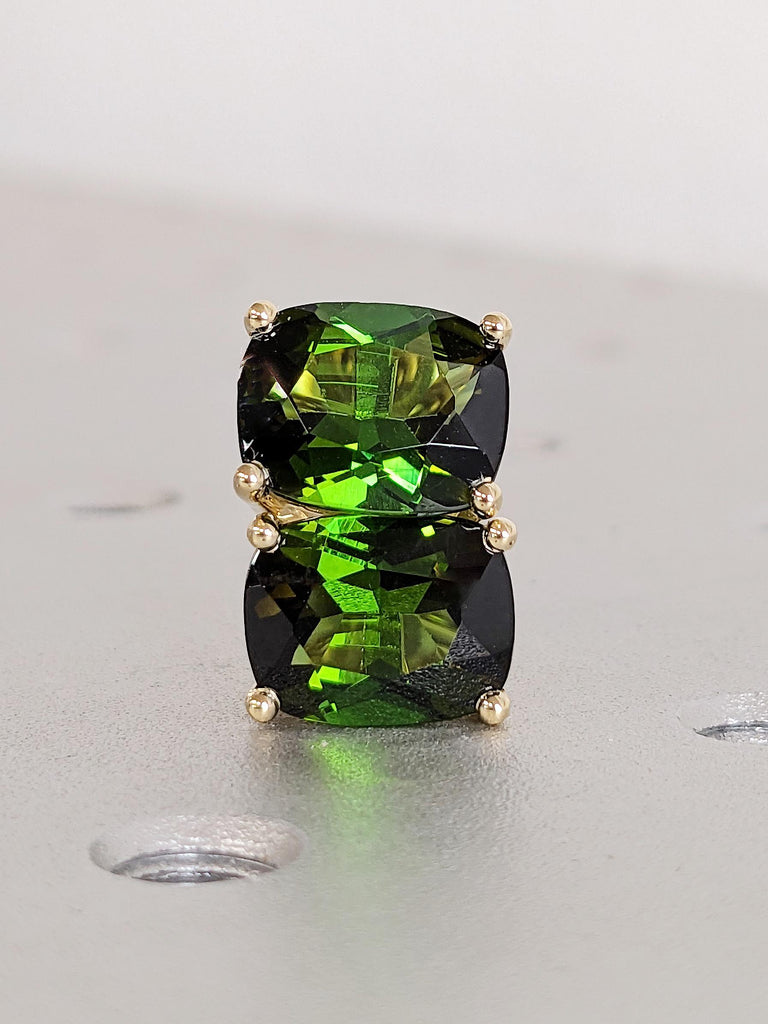 Rare Gold Tourmaline Studs Earrings, Cushion Cut Green Birthstone Studs, 14K Yellow Gold Screw Back Earrings