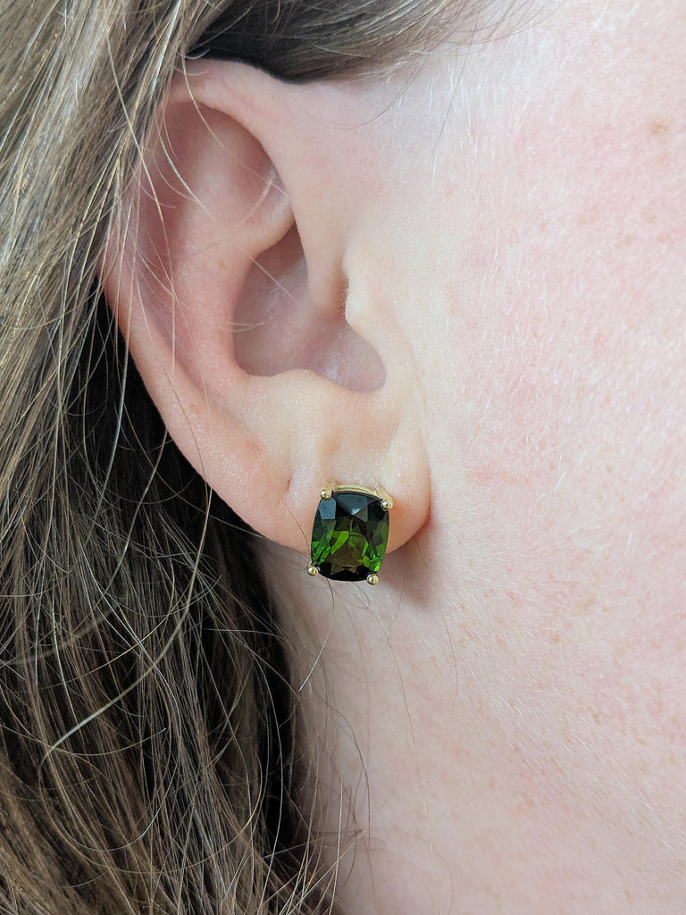 Rare Gold Tourmaline Studs Earrings, Cushion Cut Green Birthstone Studs, 14K Yellow Gold Screw Back Earrings