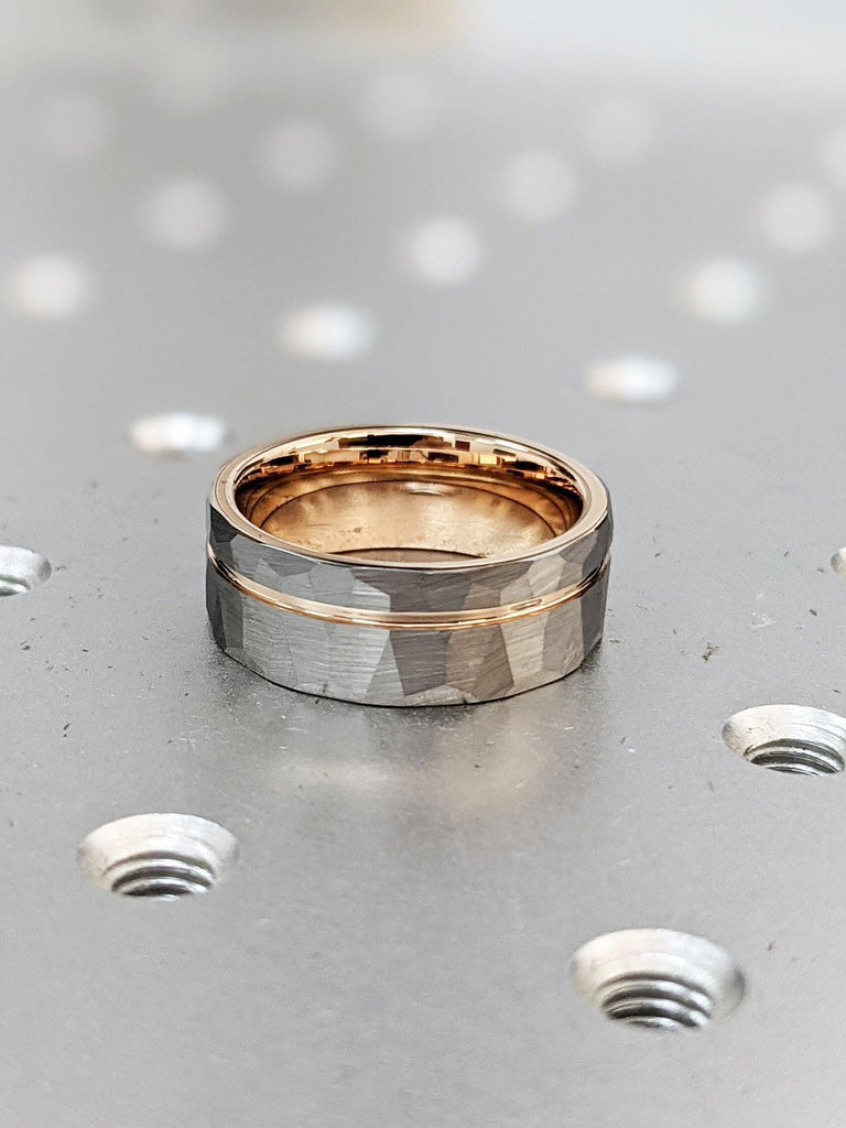 Male Promise Ring Gunmetal Tungsten Carbide: 8MM Wide Band, Hammered Brushed Finish with Rose Gold Groove