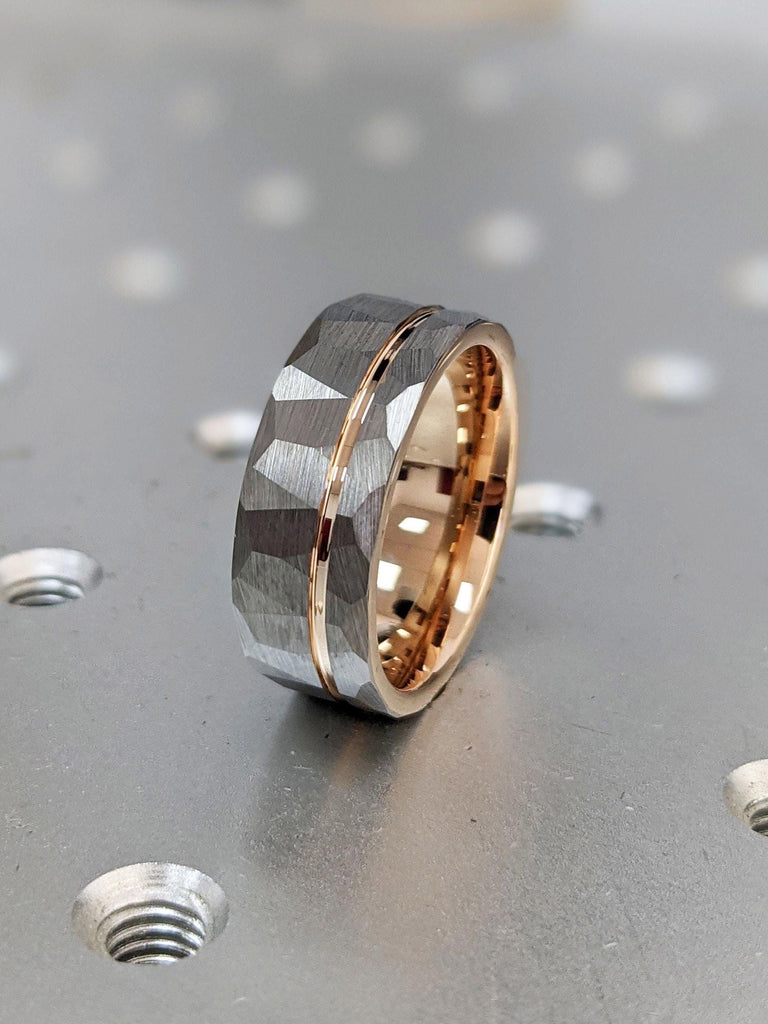 Male Promise Ring Gunmetal Tungsten Carbide: 8MM Wide Band, Hammered Brushed Finish with Rose Gold Groove