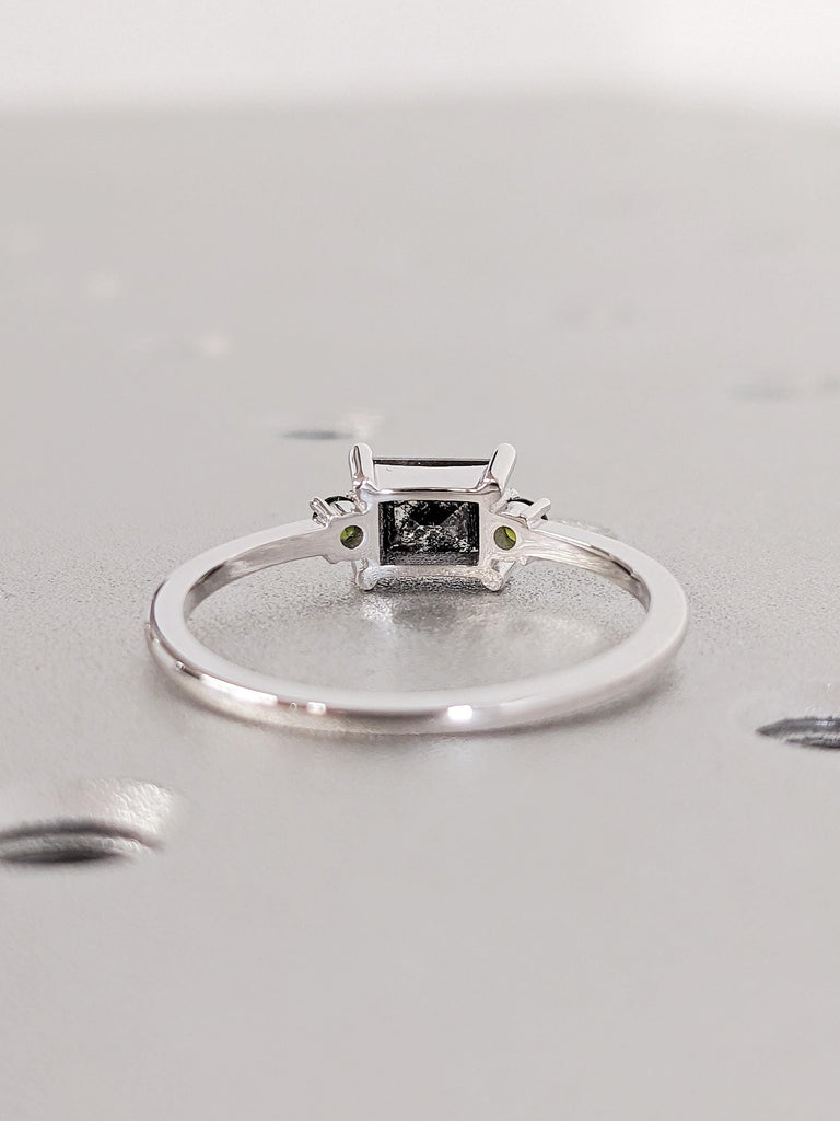 18K White Gold Salt and Pepper Diamond Engagement Ring, Unique Green Tourmaline Birthstone Wedding Band
