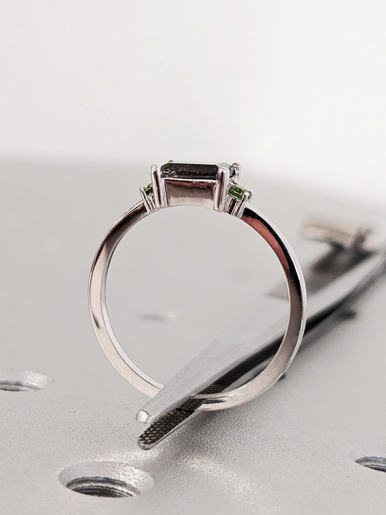 18K White Gold Salt and Pepper Diamond Engagement Ring, Unique Green Tourmaline Birthstone Wedding Band