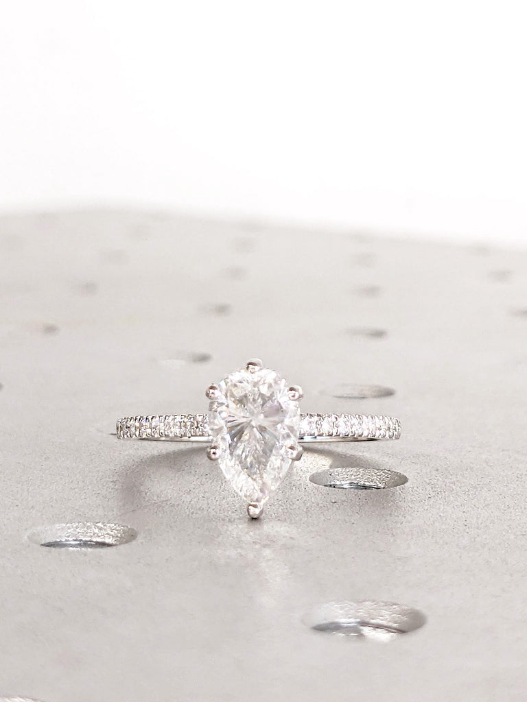 Pear Cut Moissanite Engagement Ring, 14K White Gold Prong Set Promise Ring, Pave Halo Diamond, Dainty Wedding Ring For Her, Unique Jewelry