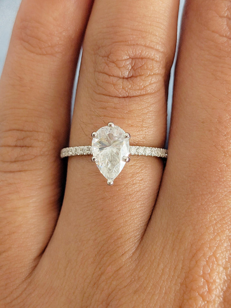 Moissanite Engagement Ring: Pear Cut, 14K White Gold, Pave Halo Diamond