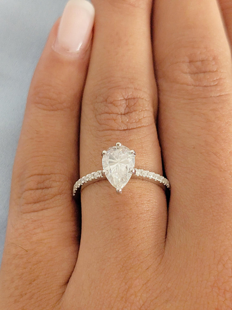 Moissanite Engagement Ring: Pear Cut, 14K White Gold, Pave Halo Diamond