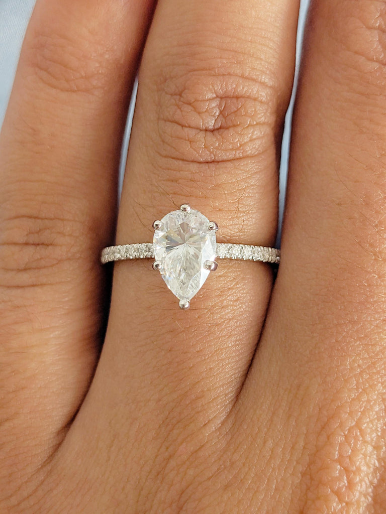 Lab Grown Diamond Engagement Ring, Pear Cut Ring, 14K White Gold Pave Diamond Halo Band, Custom Wedding Ring, Unique Bridal Ring For Her