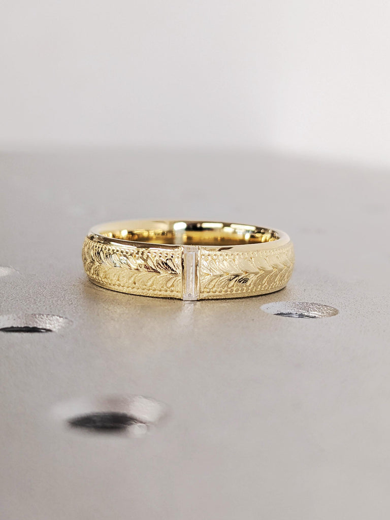 Vintage Men's Gold Diamond Engagement Band, Dainty Natural Diamond Engraved, Floral Stacking Everyday Jewelry