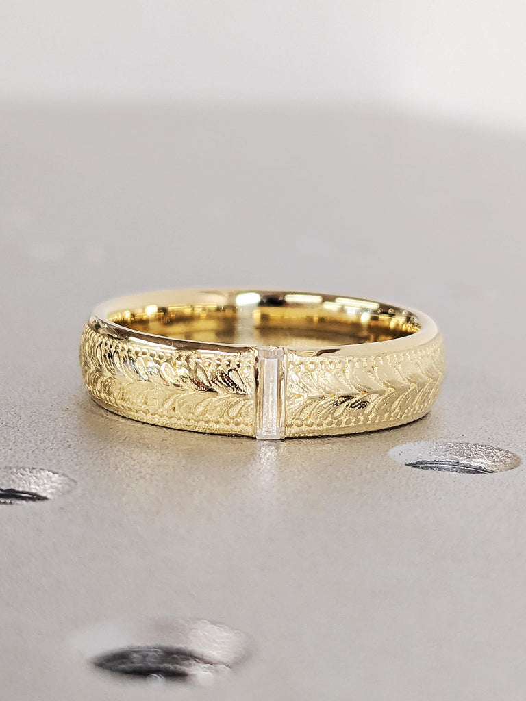 14K Yellow Gold Baguette Diamond Wedding Band, Men's Diamond Engagement Band, Unisex Classic Engraved Ring, Vintage Stackable Wedding Band
