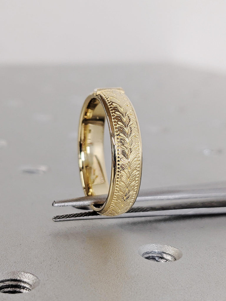 Vintage Men's Gold Diamond Engagement Band, Dainty Natural Diamond Engraved, Floral Stacking Everyday Jewelry