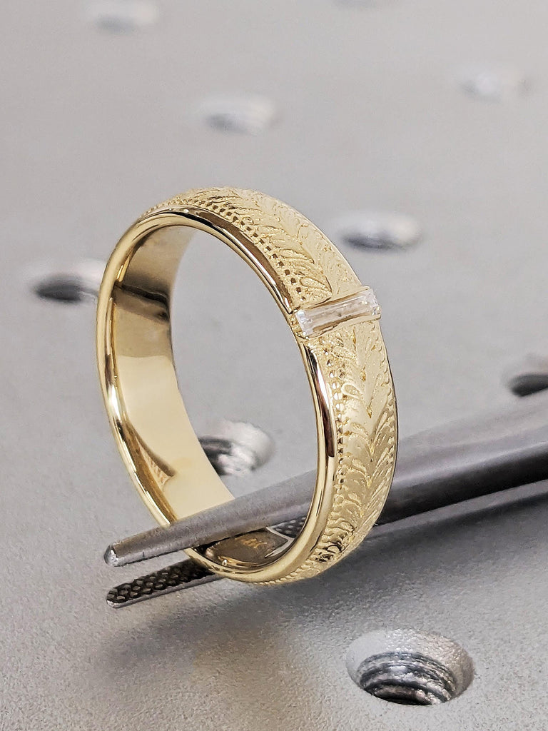 14K Yellow Gold Baguette Diamond Wedding Band, Men's Diamond Engagement Band, Unisex Classic Engraved Ring, Vintage Stackable Wedding Band