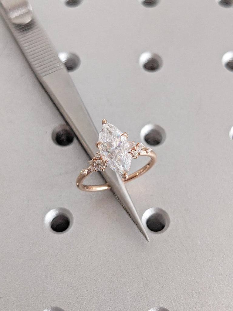 Marquise Cut Lab Grown Diamond Engagement Ring, 14K Rose Gold Diamond Cluster Ring