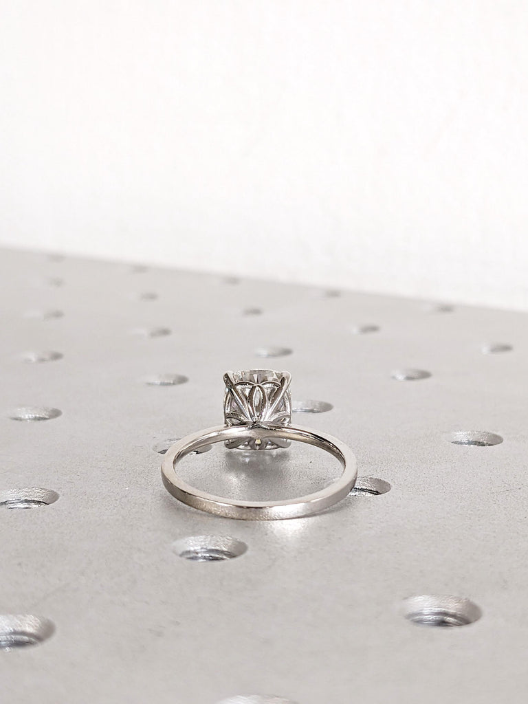 Platinum Cushion Cut Moissanite Engagement Ring, Unique Solitaire Bridal Ring