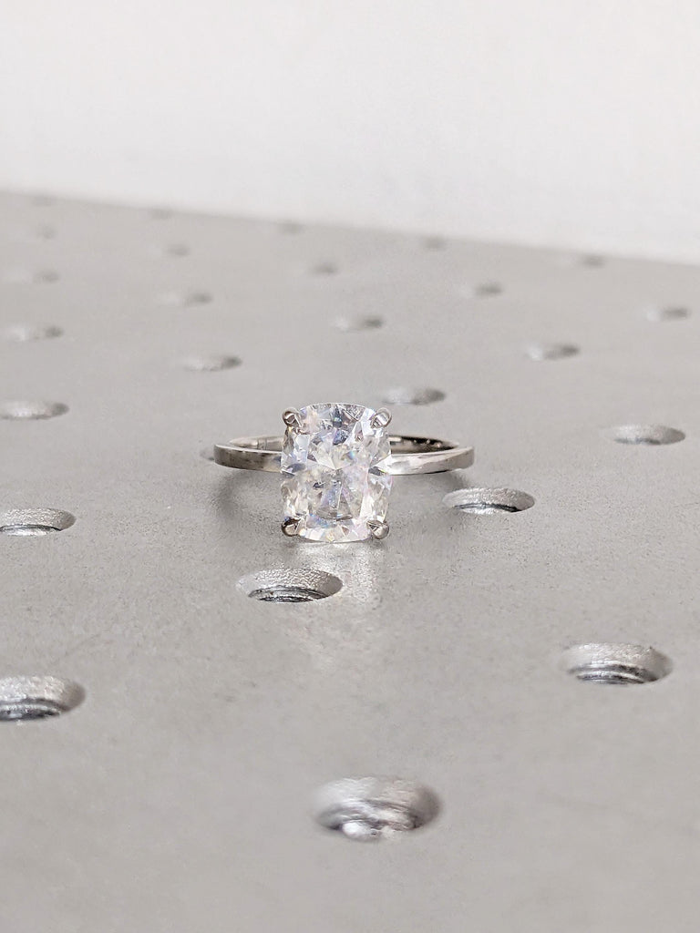 Platinum Cushion Cut Moissanite Engagement Ring, Unique Solitaire Bridal Ring