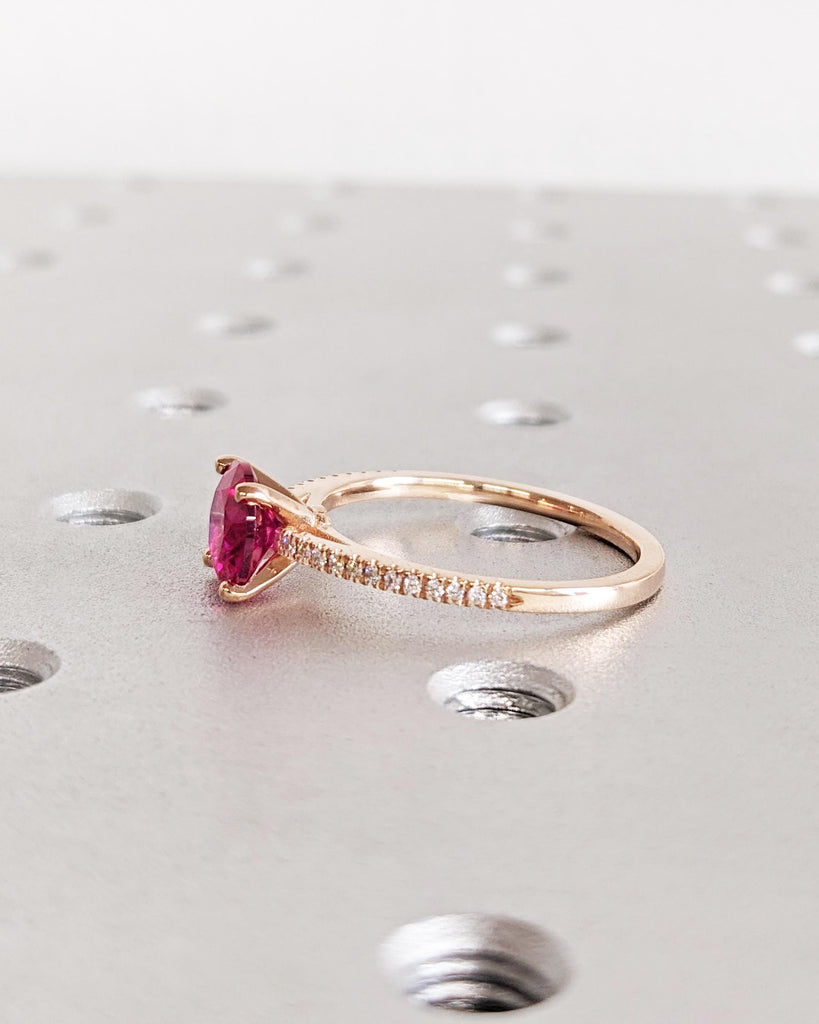 Round Ruby Ring: 14K Rose Gold, Lab Ruby, Half Eternity Pavé Diamonds, Dainty Promise Ring