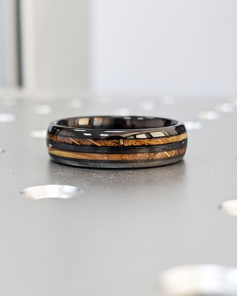 6MM Koa Wood Wedding Band for Him | Black Tungsten Mens Wedding Ring | Domed Mens Ring