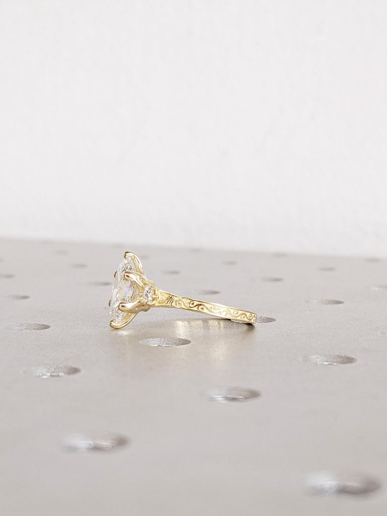 14K Yellow Gold Oval Moissanite Engagement Ring, Round Prong Diamond Accent Wedding Ring image #3