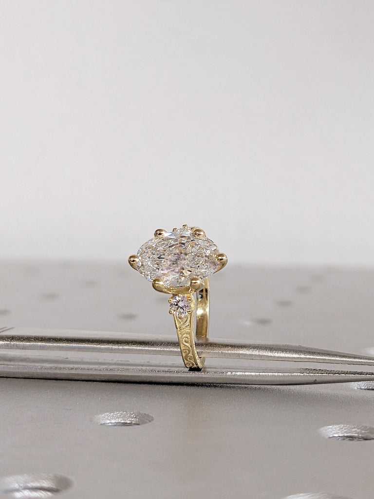 14K Yellow Gold Oval Moissanite Engagement Ring, Round Prong Diamond Accent Wedding Ring