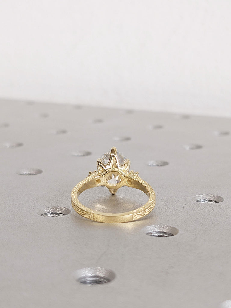14K Yellow Gold Oval Moissanite Engagement Ring, Round Prong Diamond Accent Wedding Ring image #4
