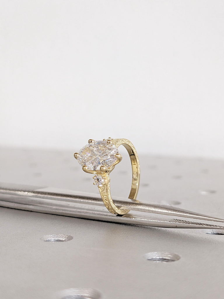 14K Yellow Gold Oval Moissanite Engagement Ring, Round Prong Diamond Accent Wedding Ring image #7