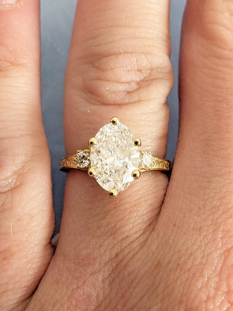 Oval Lab Created Diamond Engagement Ring, 14K Yellow Gold Round Side Diamond Wedding Ring