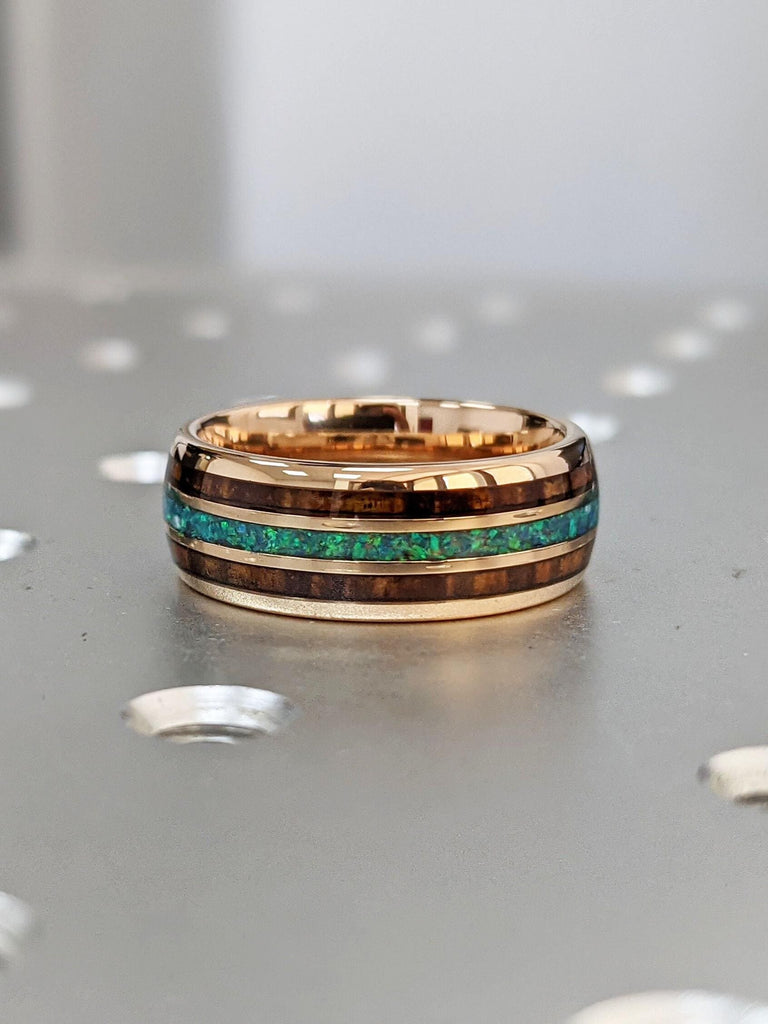Men Wedding band, Opal and Koa Wood Inlay
