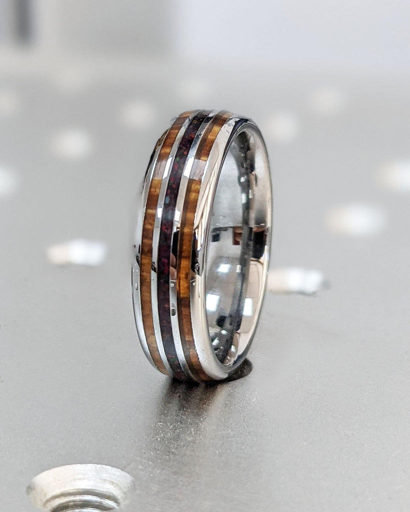 Opal and Wood Wedding Band Set: 8mm & 6mm, Tungsten Wedding Rings Set, Matching His and Hers Wedding Set, Hawaiian Koa Wood Opal Inlay