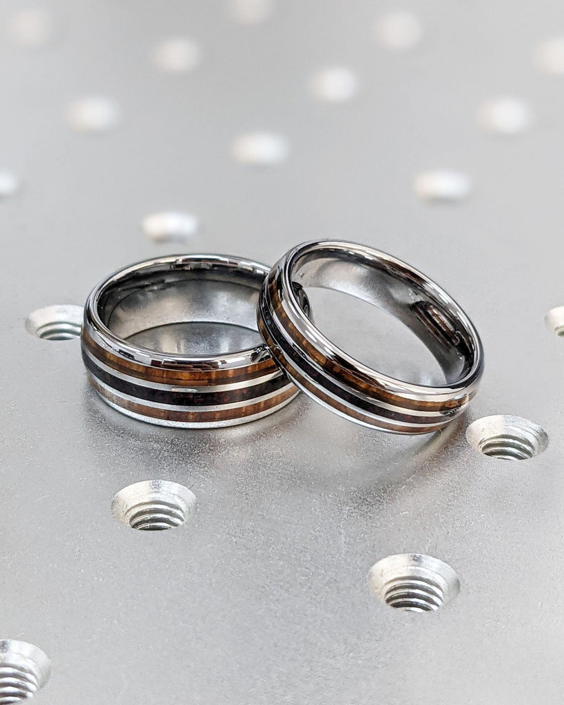 Opal and Wood Wedding Band Set: 8mm & 6mm, Tungsten Wedding Rings Set, Matching His and Hers Wedding Set, Hawaiian Koa Wood Opal Inlay