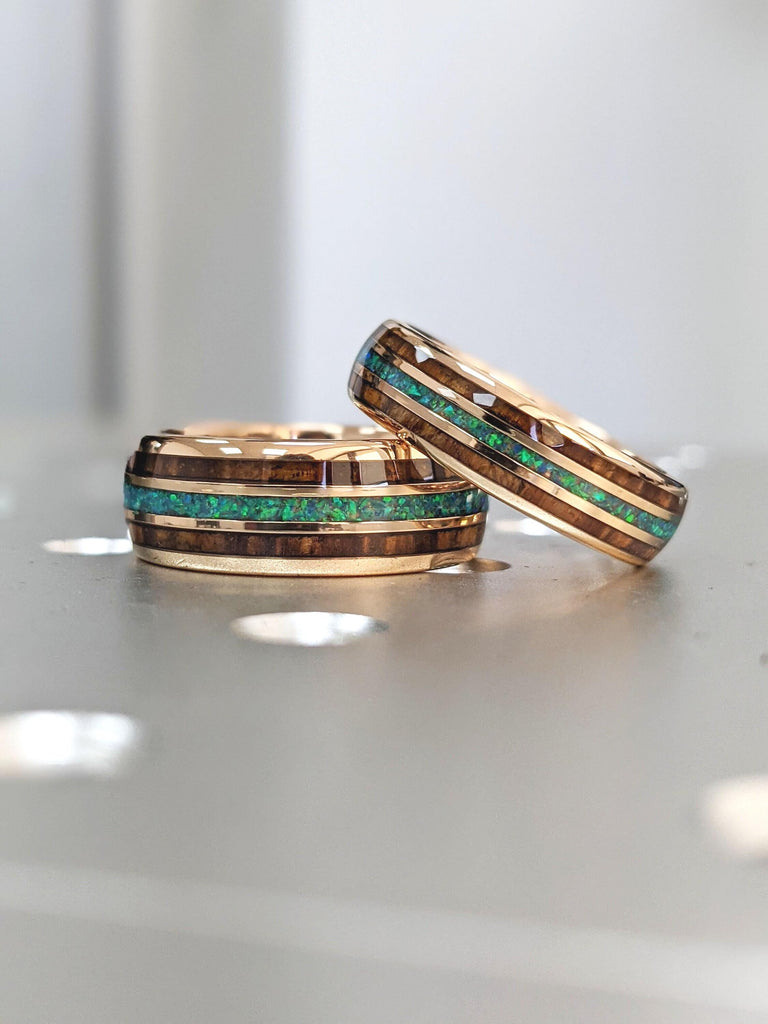 Koa Wood and Opal Inlay Ring, 8mm and 6mm Couple Wedding Band