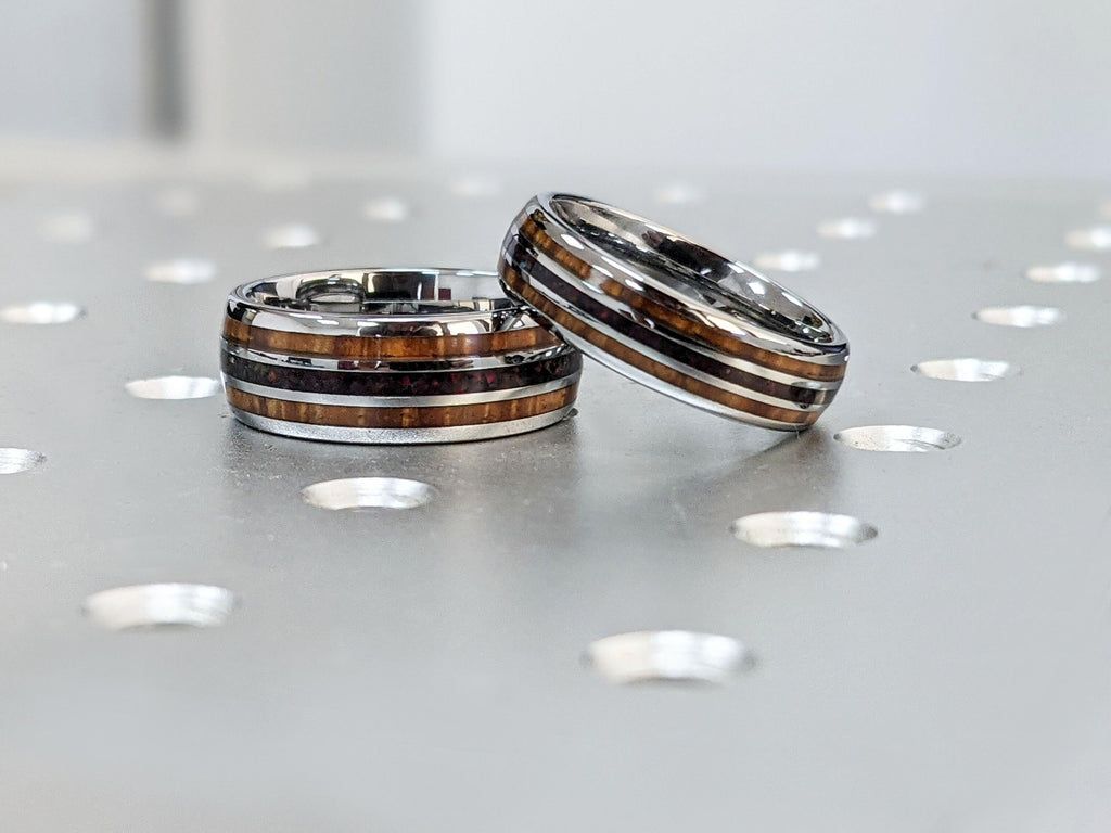 Wood Wedding Band Set | Hawaiian Koa Wood and Opal Inlay | 8mm & 6mm Promise Rings | Tungsten Wedding Ring Matching His and Hers Wedding Set