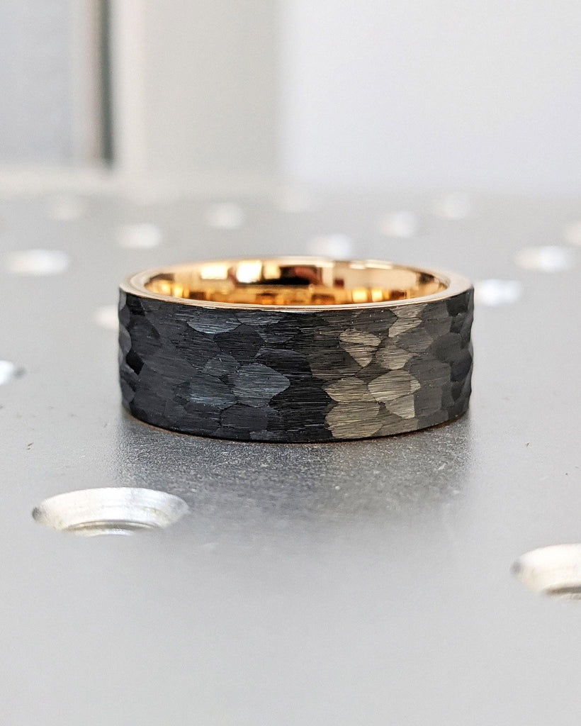 Black Rhodium Plated Tungsten Comfort Fit 8MM Male Engagement Ring | Hammered Rose Gold Mens Wedding Ring