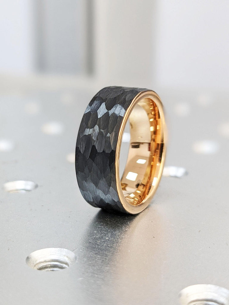 Black Tungsten Rose Gold 8MM Men&#39;s Wedding Ring | Handmade Rough Faceted Black Rhodium Men Wedding Band | Comfort Fit Tungsten Ring for Him