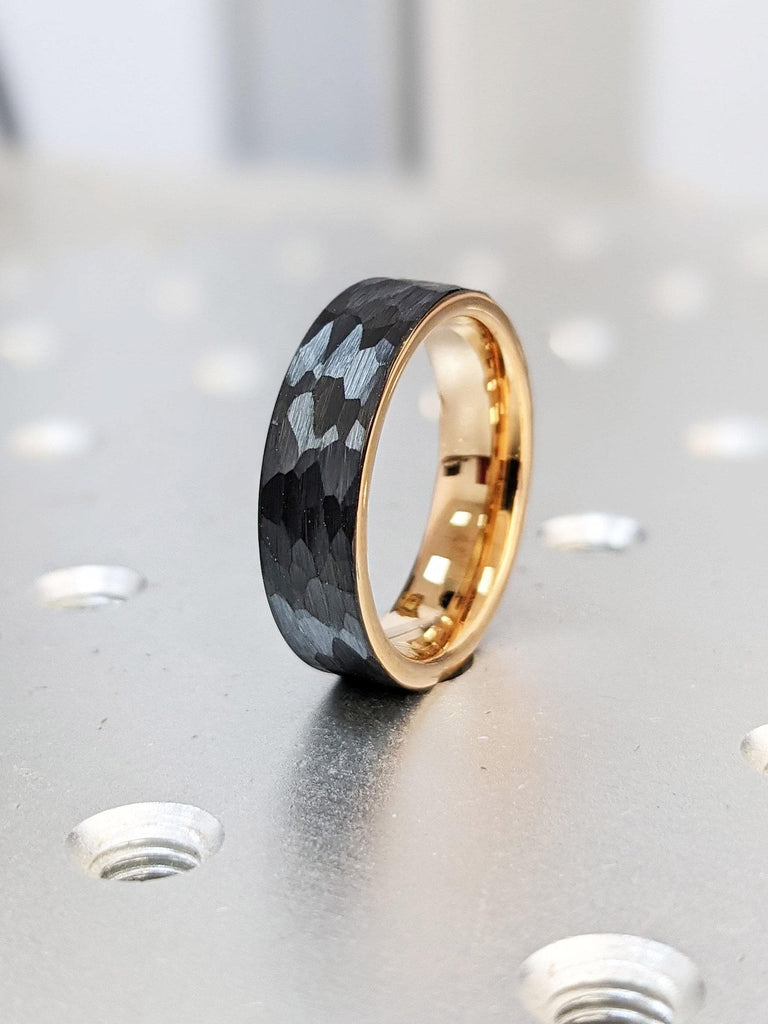 Comfort Fit Tungsten Ring for Him | Black Tungsten Rose Gold 6MM Men&#39;s Wedding Ring | Hammered Rough Faceted Black Rhodium Male Wedding Band
