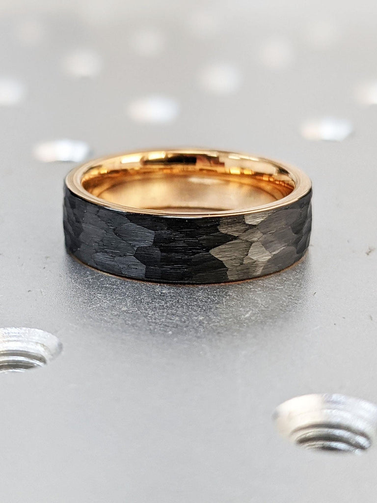 Comfort Fit Tungsten Ring for Him | Black Tungsten Rose Gold 6MM Men's Wedding Ring | Hammered Rough Faceted Black Rhodium Male Wedding Band