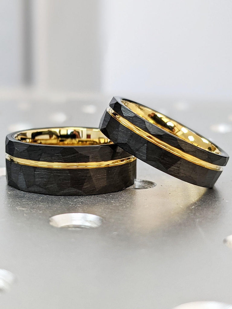 Men’s Tungsten Wedding Band Set – 6 mm & 8 mm Black Hammered Tungsten Rings with Yellow Gold Inlay, Comfort Fit Ring