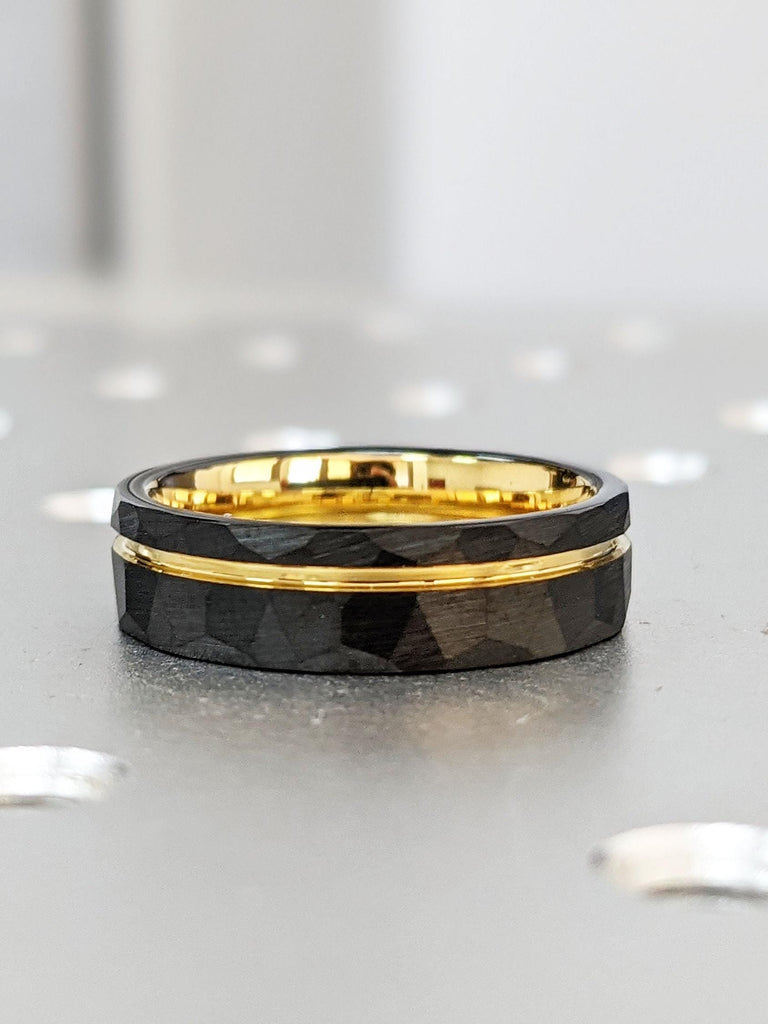 Men’s Tungsten Wedding Band Set, Durable Men's Engagement Ring Set, Black Hammered Yellow Gold Ring, 6mm & 8mm Comfort Fit Everyday Ring