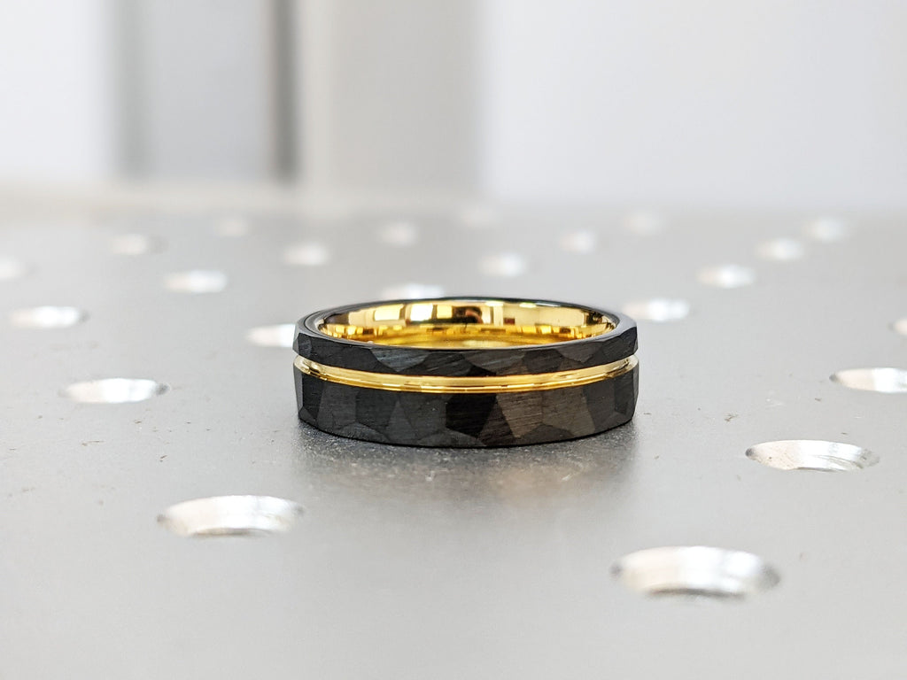 Men’s 6mm Yellow Gold Inlay Black Hammered Tungsten Wedding Ring, Comfort Fit Engagement Band