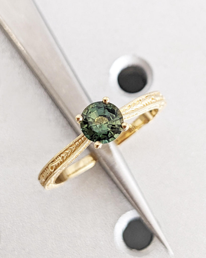 Antique Solid Gold Peacock Engagement Ring | Round Blue Green Teal Sapphire Promise Ring | Vintage Art Deco Filigree Ring | Anniversary Ring
