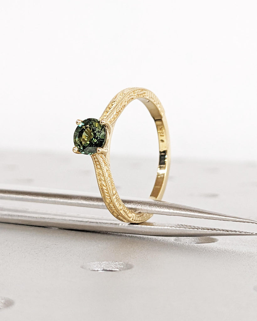 Antique Solid Gold Peacock Engagement Ring | Round Blue Green Teal Sapphire Promise Ring | Vintage Art Deco Filigree Ring | Anniversary Ring