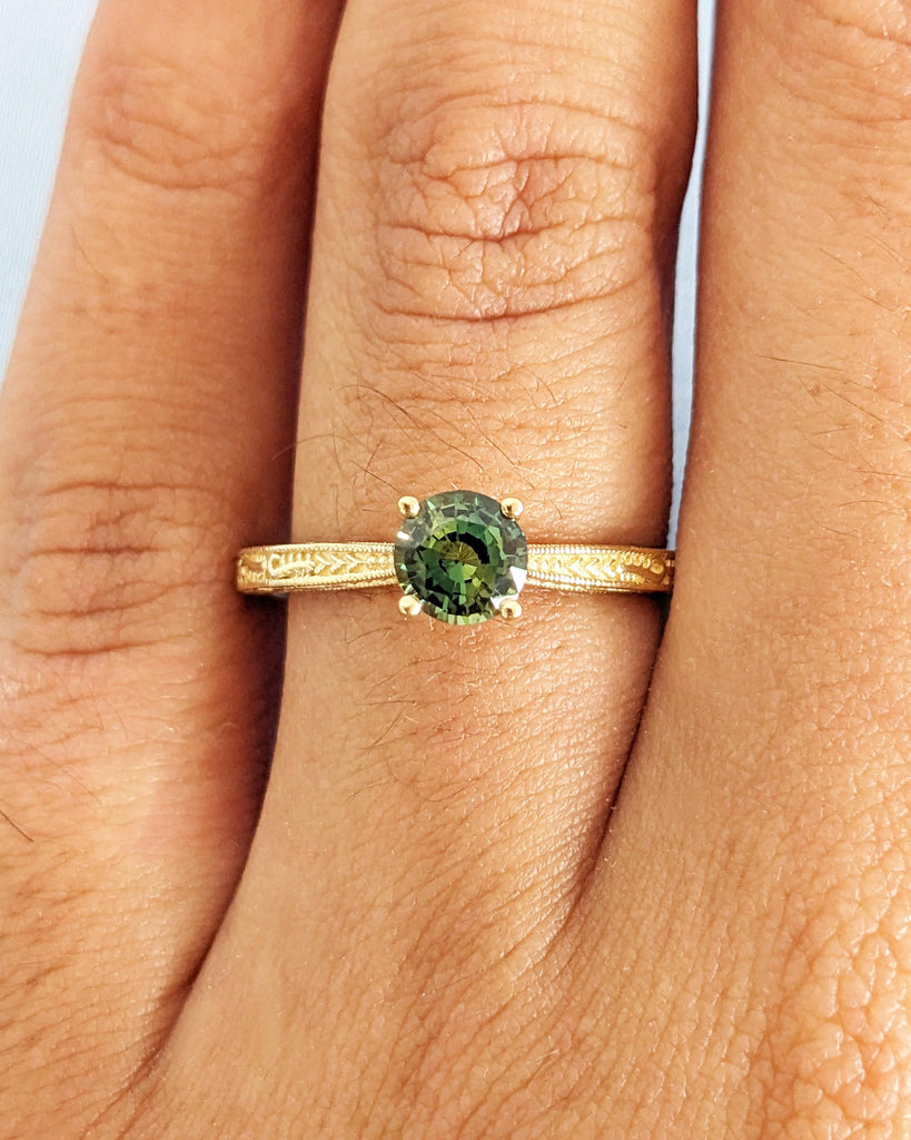 Round Cut Natural Teal Sapphire Ring, Peacock Blue Green Montana Sapphire Engagement Ring, Art Deco Filigree Solitaire Ring, 18K Solid Gold