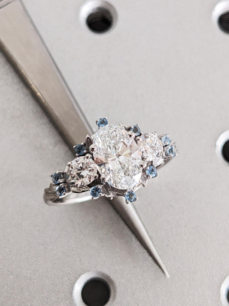 White Gold Moissanite and Diamond Nature Inspired Wedding Ring, Blue Aquamarine Engagement, March Birthstone
