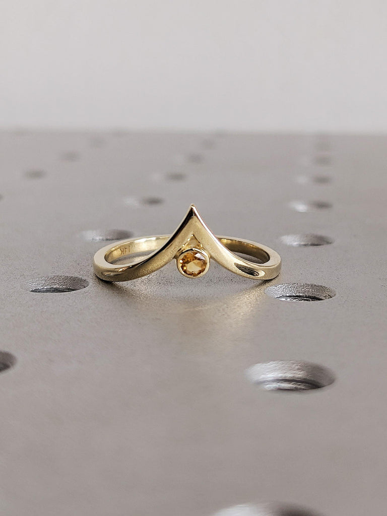 Solid Gold Chevron Matching Engagement Ring, Round Yellow Citrine Stacking Ring, Scorpio Birthstone Wedding Band