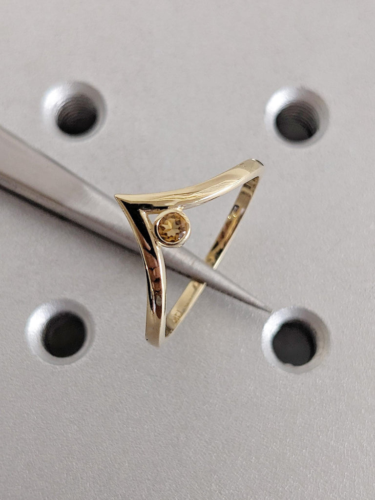 Solid Gold Chevron Matching Engagement Ring, Round Yellow Citrine Stacking Ring, Scorpio Birthstone Wedding Band