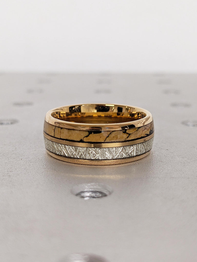 8mm Tungsten Ring Men, Meteorite Inlay Ring, T-Rex Ring, Rose Gold Plated Men's Ring