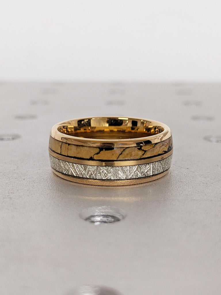 Rose Gold Plated Tungsten Ring, Men's Meteorite Ring, Dinosaur Bone Ring, 8mm Polished Finish Wedding Band for Men, Wedding Anniversary Gift