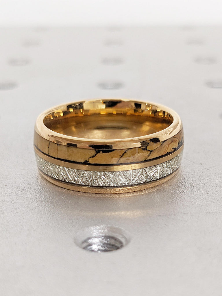 8mm Tungsten Ring Men, Meteorite Inlay Ring, T-Rex Ring, Rose Gold Plated Men's Ring