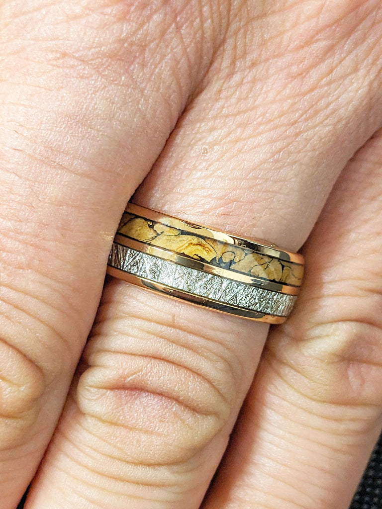 8mm Tungsten Ring Men, Meteorite Inlay Ring, T-Rex Ring, Rose Gold Plated Men's Ring