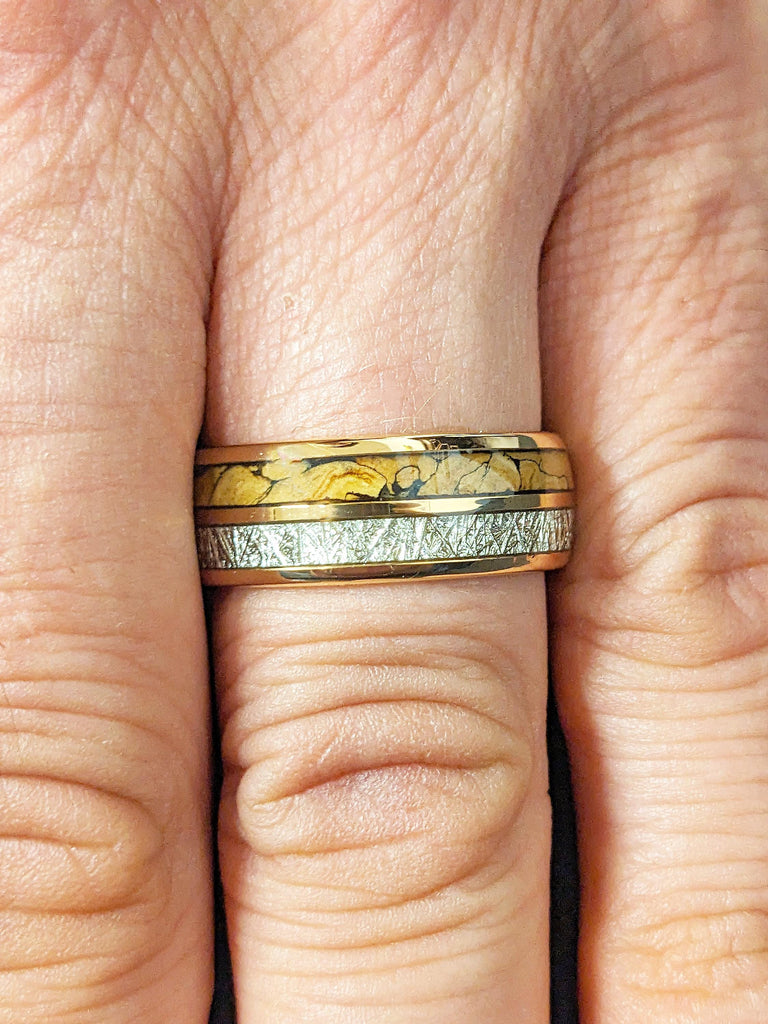 8mm Tungsten Ring Men, Meteorite Inlay Ring, T-Rex Ring, Rose Gold Plated Men's Ring