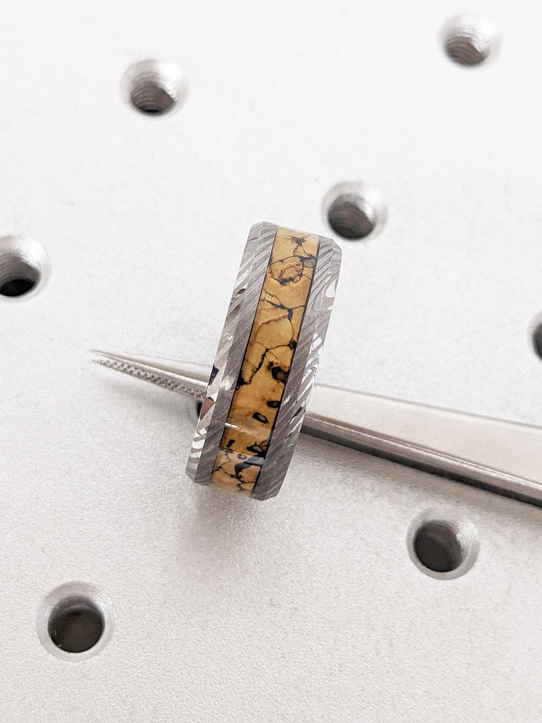 8mm Men's Tungsten Ring, Dinosaur Bone Inlay Ring, Brushed Finish Mokume Gane Tungsten Wedding Band, Gifts for Boyfriend, Men's Jewelry