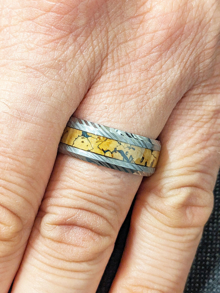 8mm Men's Tungsten Ring, Dinosaur Bone Inlay Ring, Brushed Finish Mokume Gane Tungsten Wedding Band, Gifts for Boyfriend, Men's Jewelry
