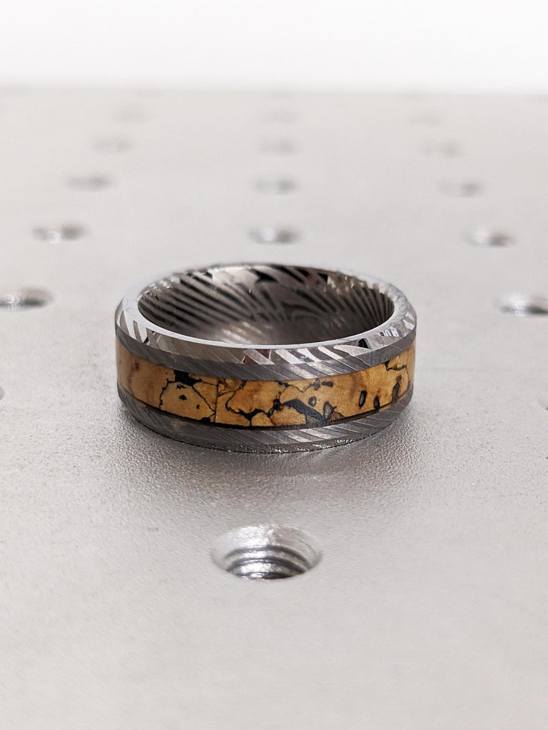 Men Wedding Band, Damascus Ring, 8mm Tungsten Ring Men, Unique Dinosaur Fossil Ring